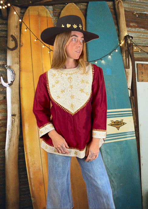 VTG 80's Velvet Embroidered Long Sleeve Blouse 14