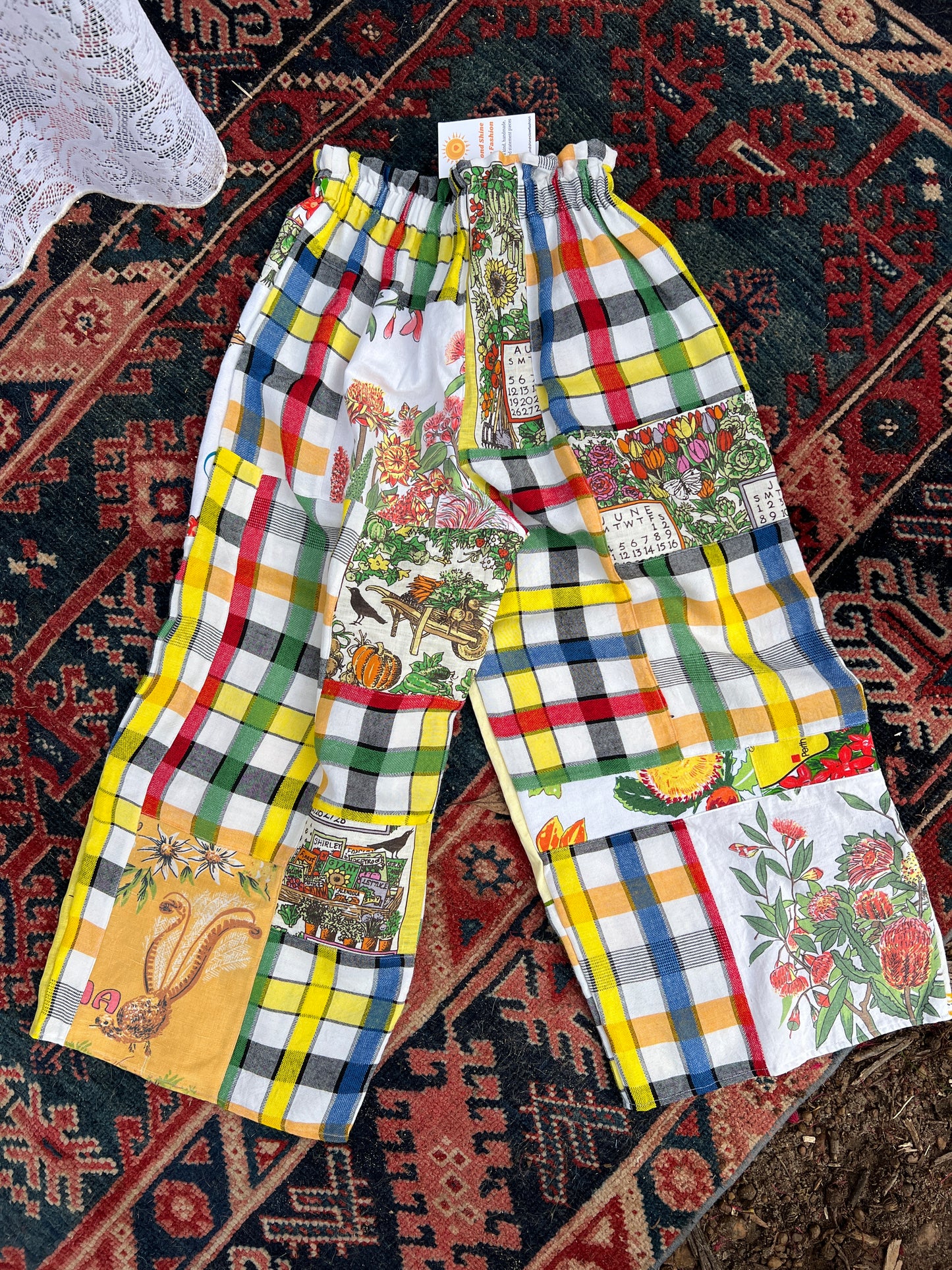 SECOND SHINE SLOW FASHION Vintage Check Tablecloth & Tea Towel Patchwork Pants 6-10