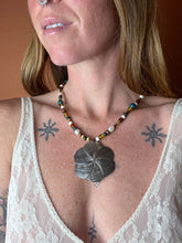 Load image into Gallery viewer, BEADED SUNRAYS Flower Shell Pendant, Amber, Fresh Water Pearl Necklace