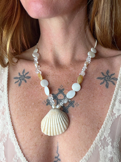 BEADED SUNRAYS Shell Pendant, Clear Quartz, Fresh Water Pearl, Mix Bead Necklace