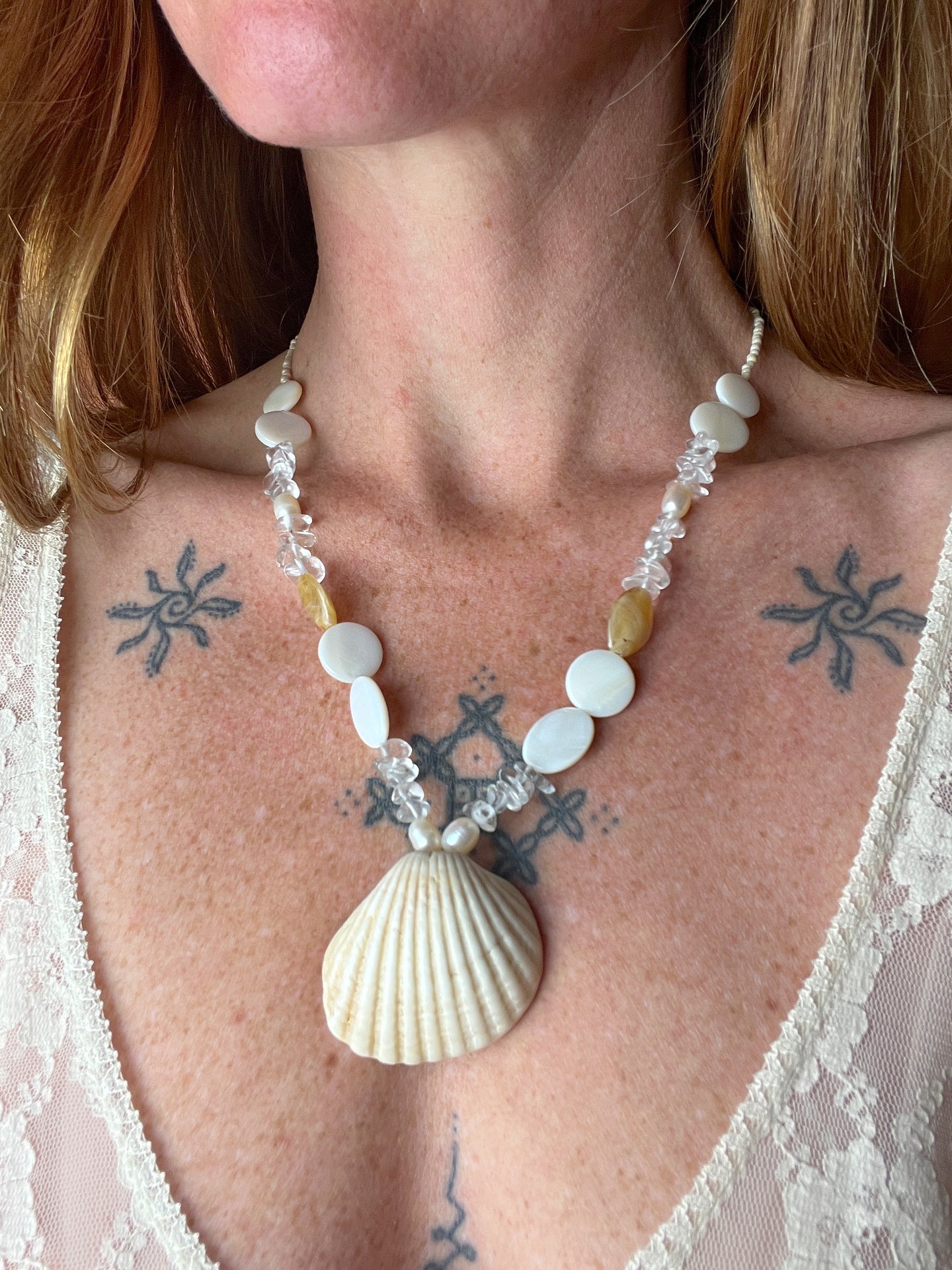 BEADED SUNRAYS Shell Pendant, Clear Quartz, Fresh Water Pearl, Mix Bead Necklace