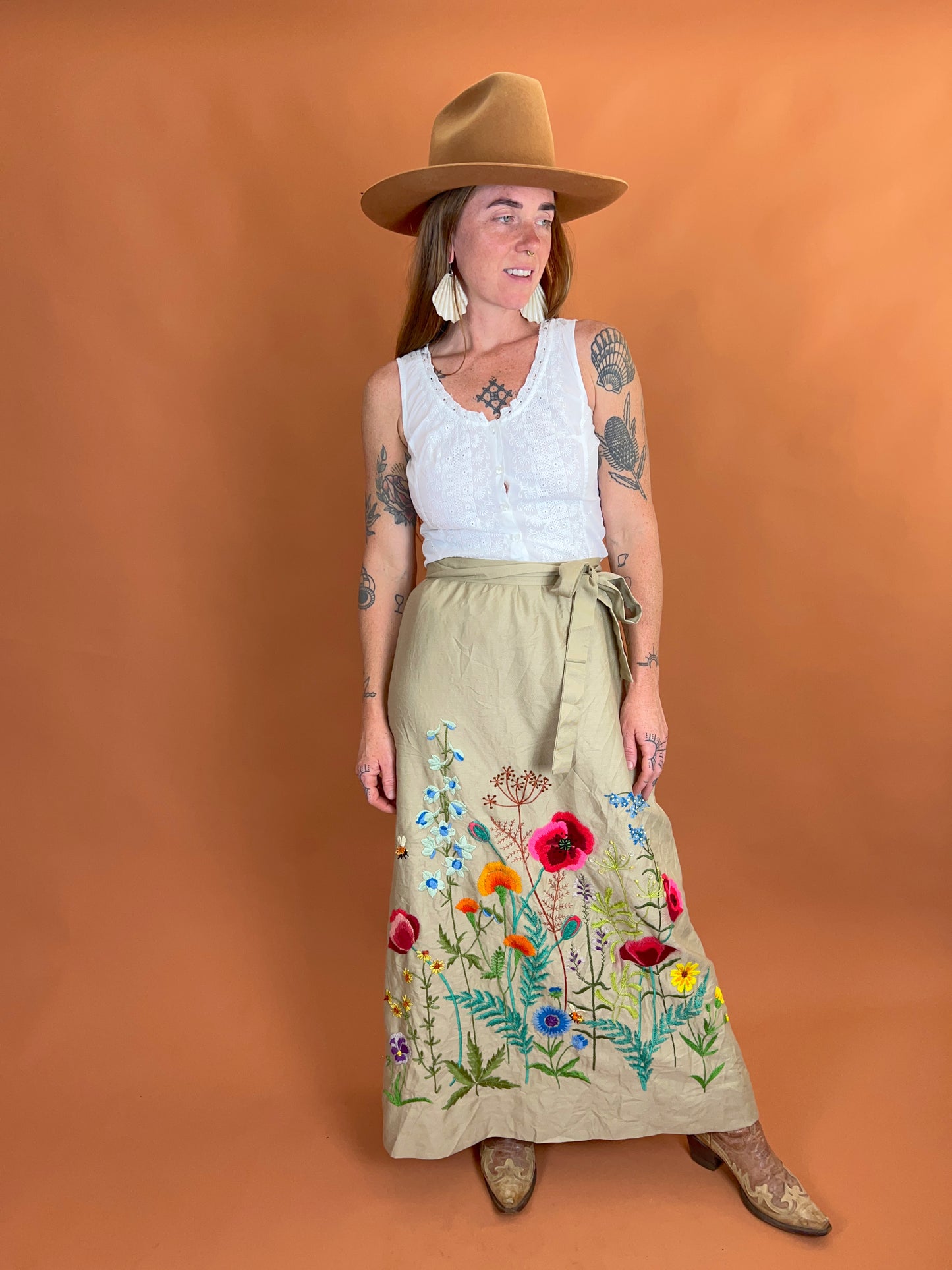 Vintage 70's Linen Embroidered Wrap Skirt 10