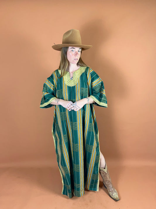 VINTAGE 70's Cotton Stripe Embroidered Kaftan OS