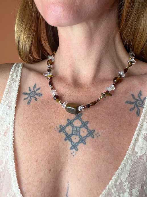 BEADED SUNRAYS Tiger Eye, Clear Quartz, Gemstone, Mixed Bead Necklace