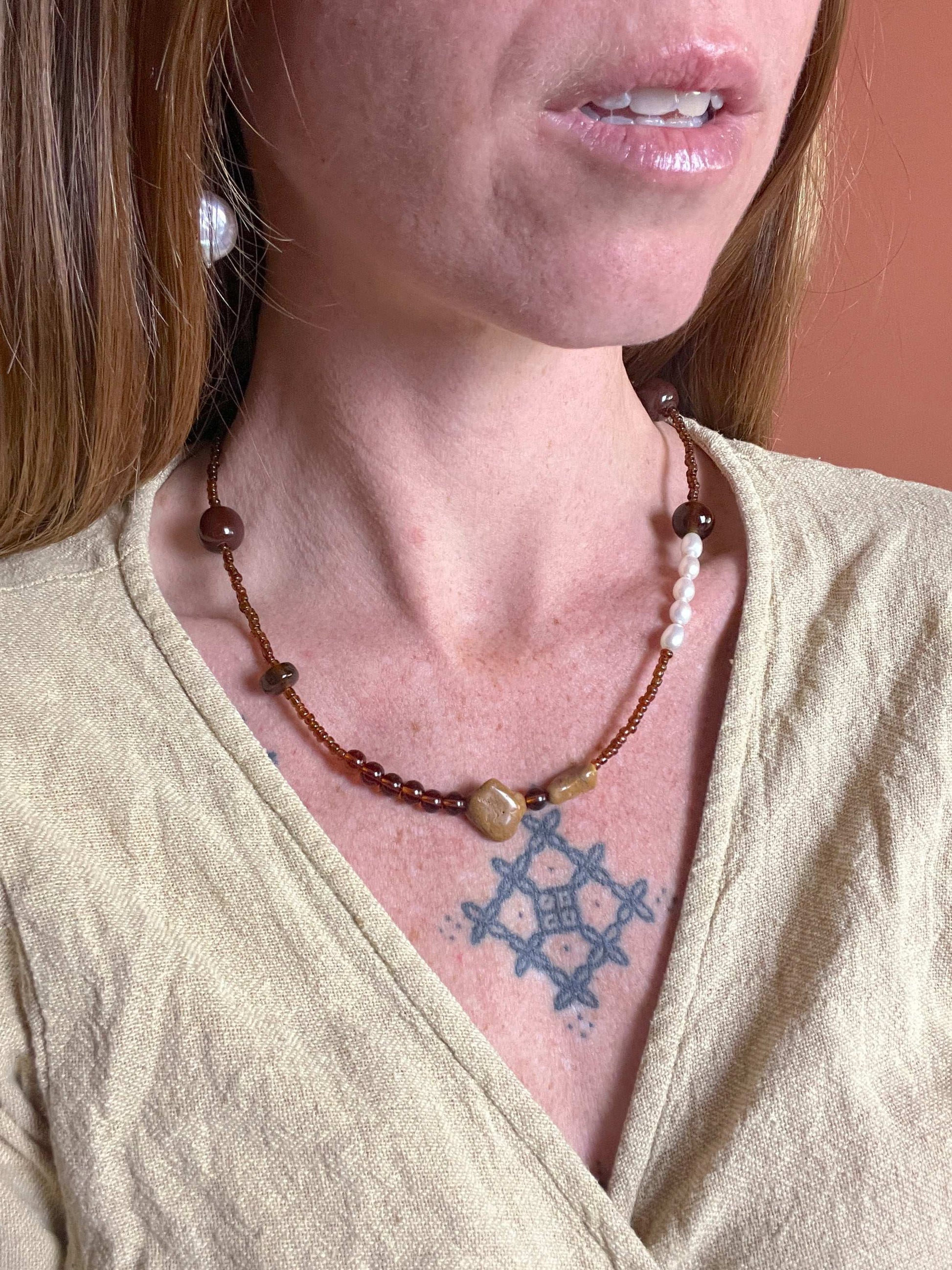BEADED SUNRAYS Mix Bead, Amber Stone & Fresh Water Pearl Necklace 18.5 Inch