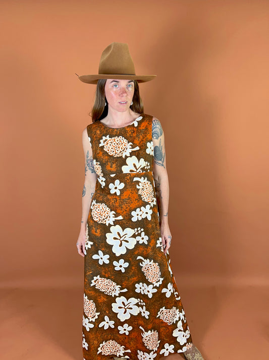 VINTAGE 60's Hawaiian Cotton Maxi Dress 10-12