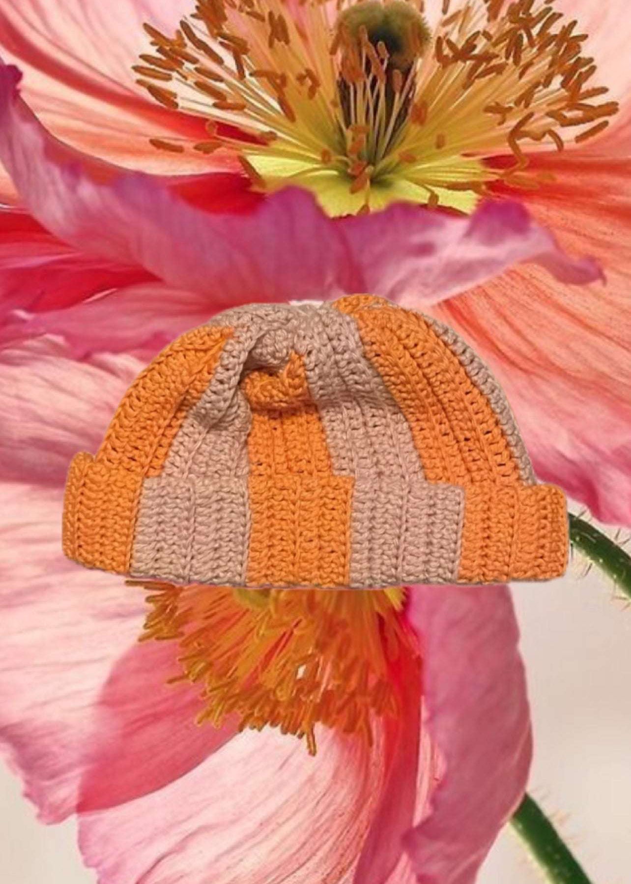 COFFEE MONEY Orange Stripe Cotton Crochet Beanie