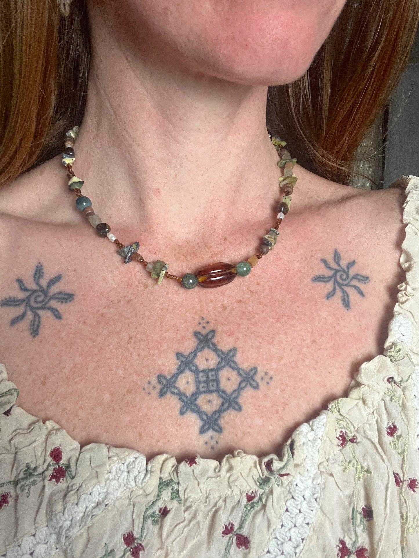 BEADED SUNRAYS Tigers Eye, Freshwater Pearl, Wood & Glass Bead Necklace 17.5”