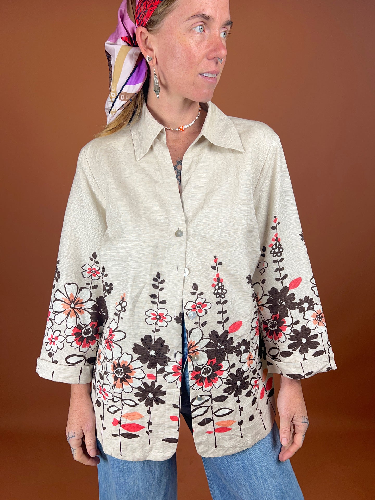 VTG 80's Silk Blend Floral Blazer Jacket 12-14