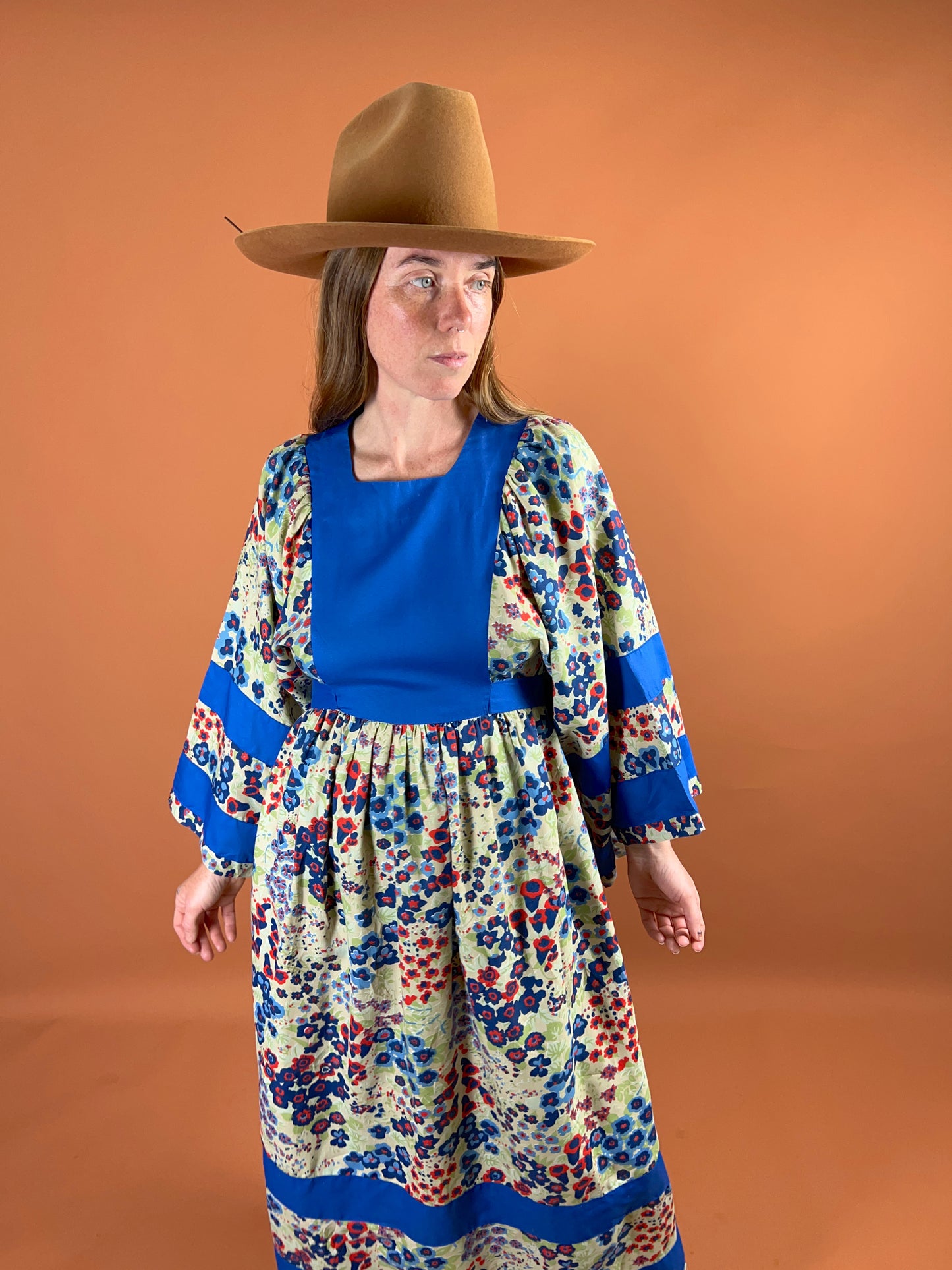 VINTAGE 60's Floral Big Sleeve Maxi Dress 8-10