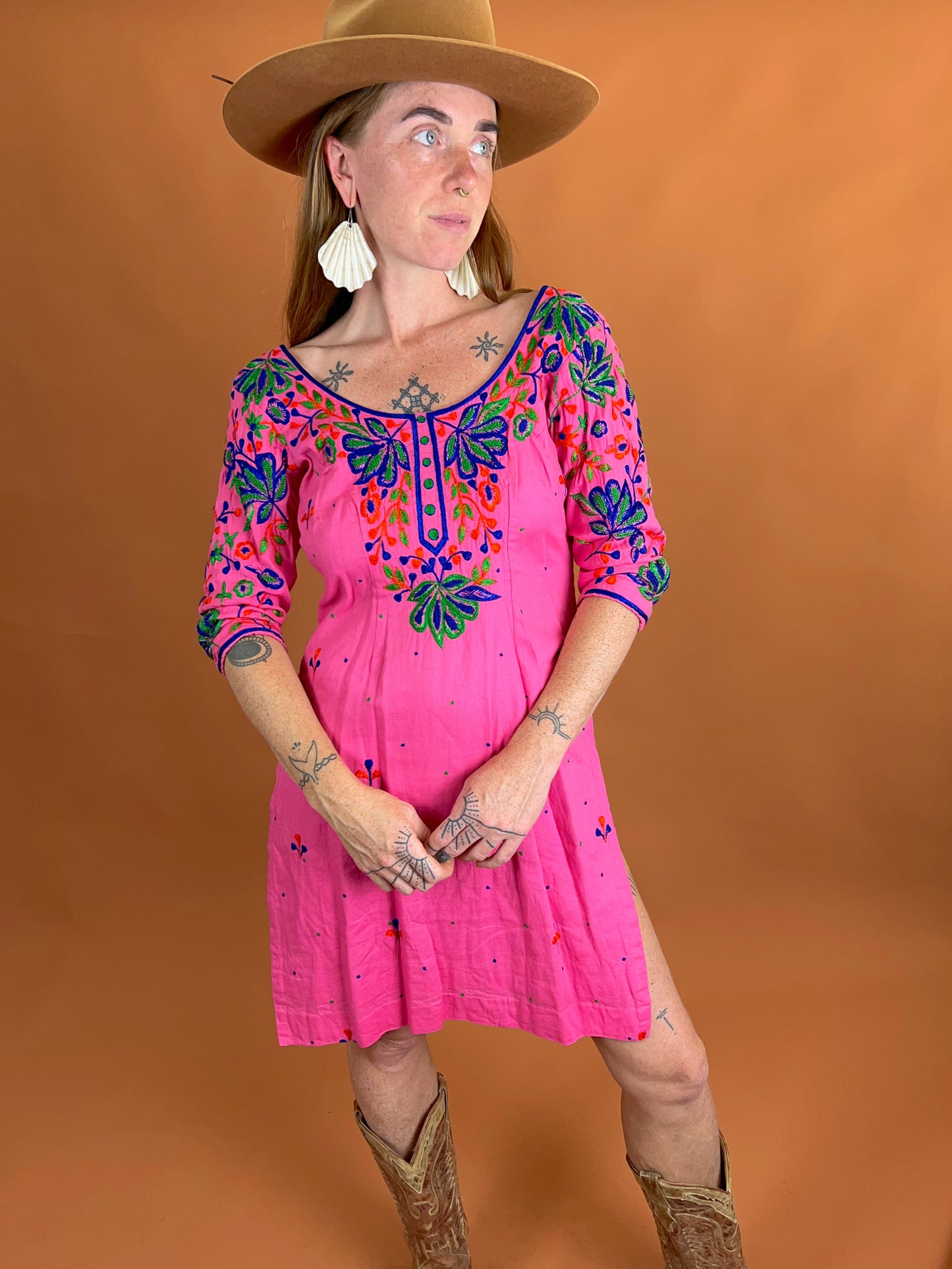 VINTAGE 70's Cotton Embroidered Tunic Mini Dress 10-12