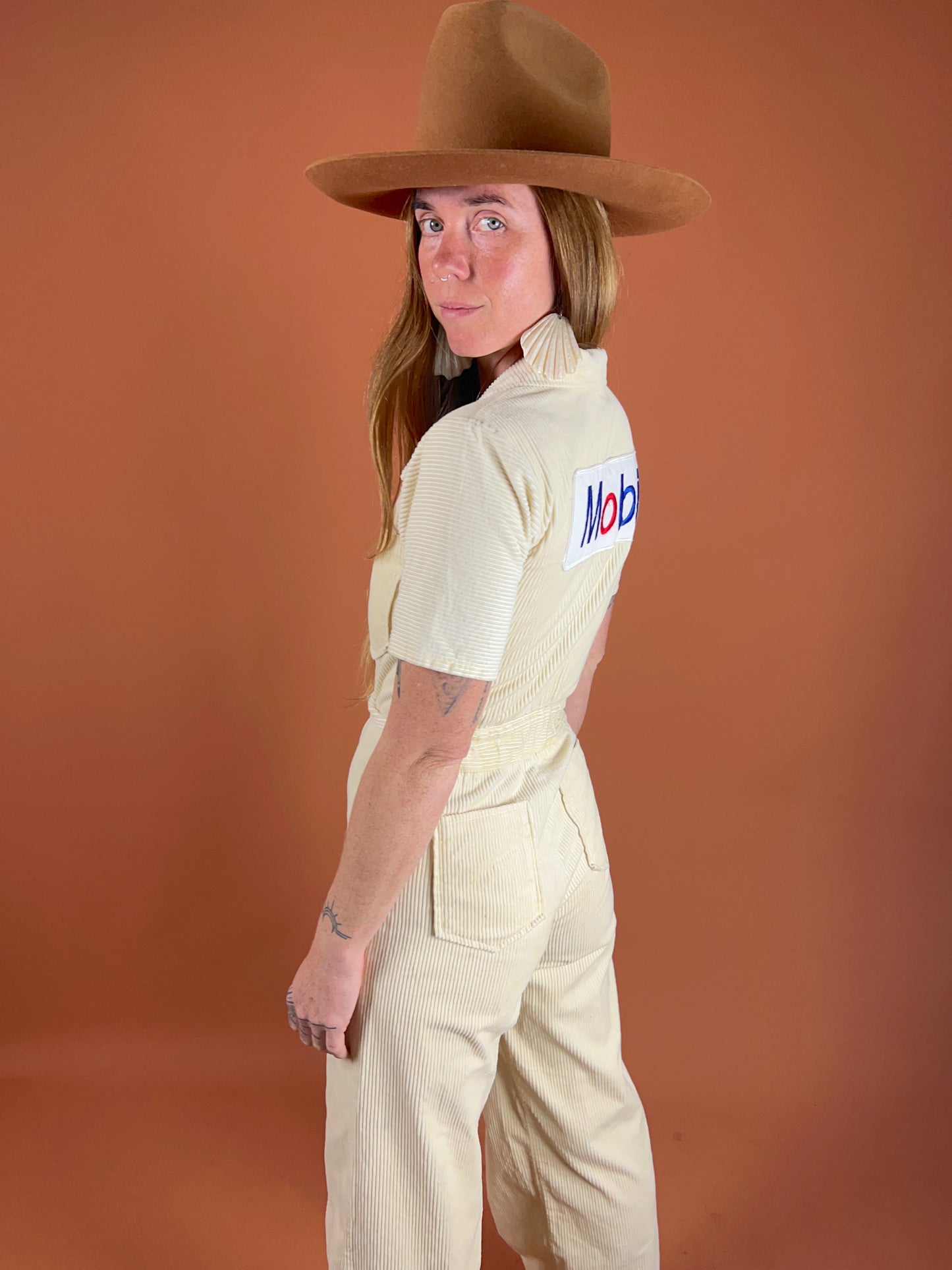 VINTAGE 70's Mobil Cream Cord Cotton Coveralls 6-8