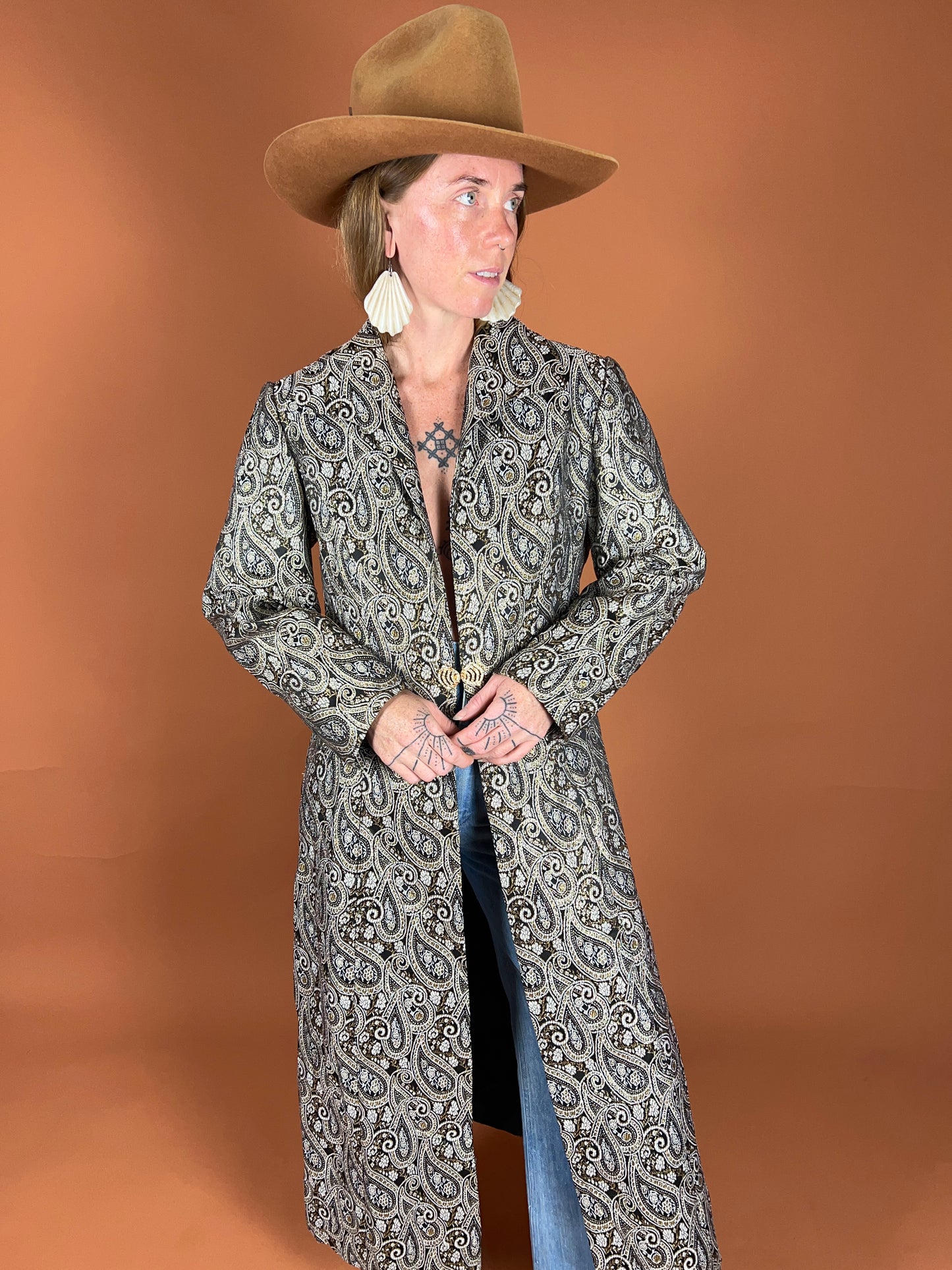 VINTAGE 80's Lurex Brocade Trench Coat 10-12