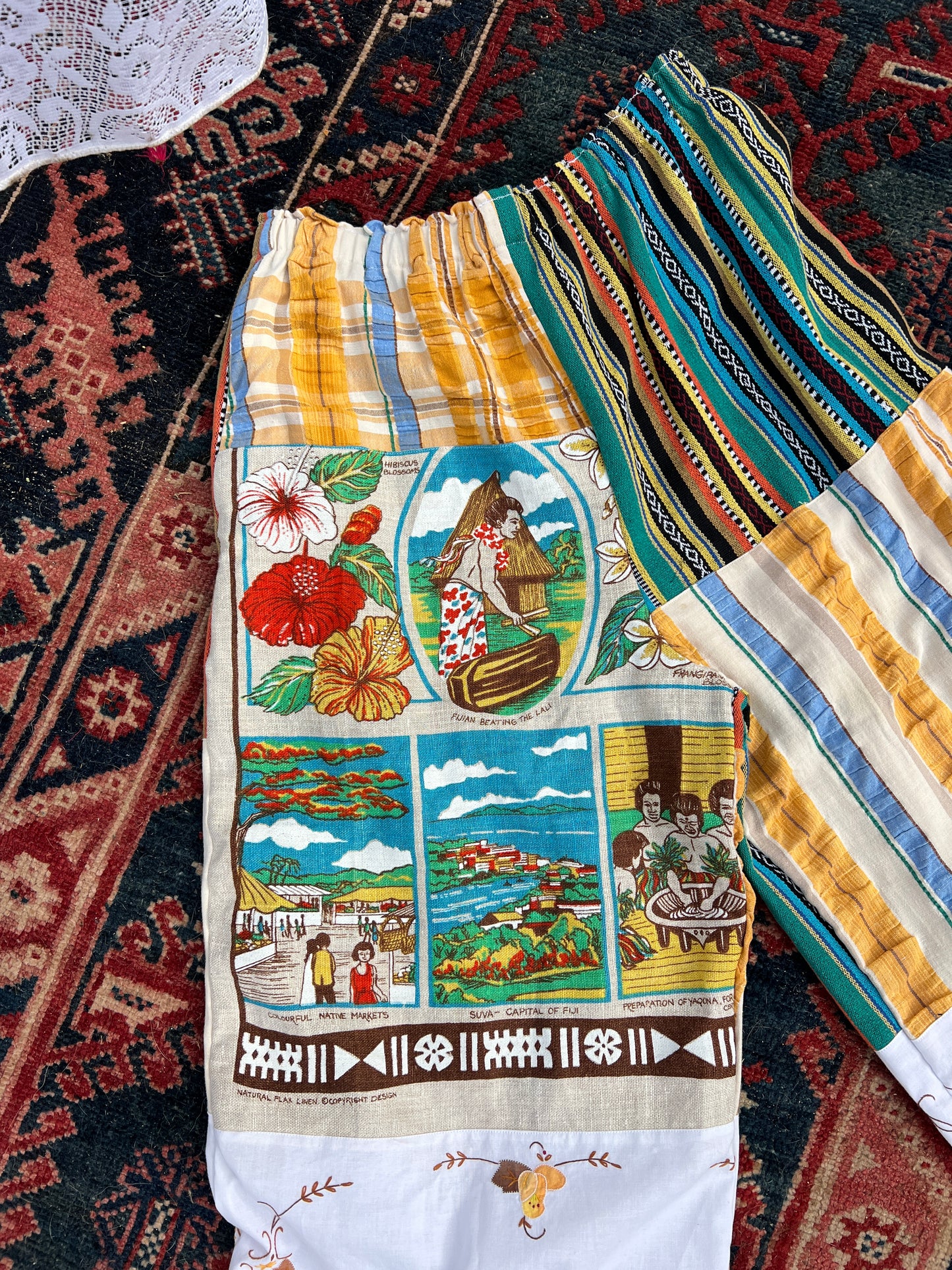 SECOND SHINE SLOW FASHION Vintage 'Fiji" Tea Towel & Tablecloth Patchwork Pants 10-14