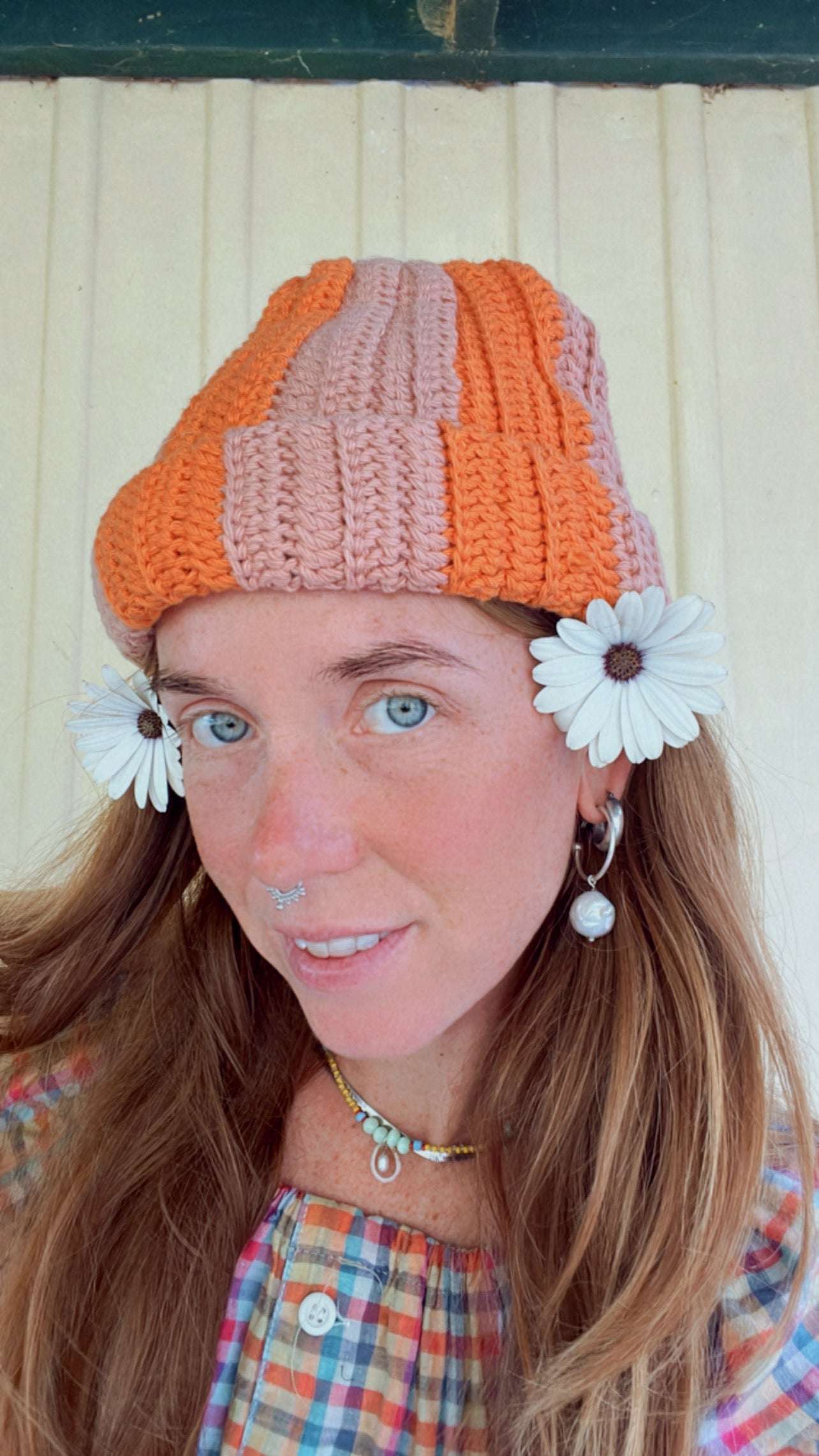 COFFEE MONEY Orange Stripe Cotton Crochet Beanie