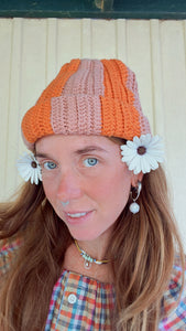COFFEE MONEY Orange Stripe Cotton Crochet Beanie