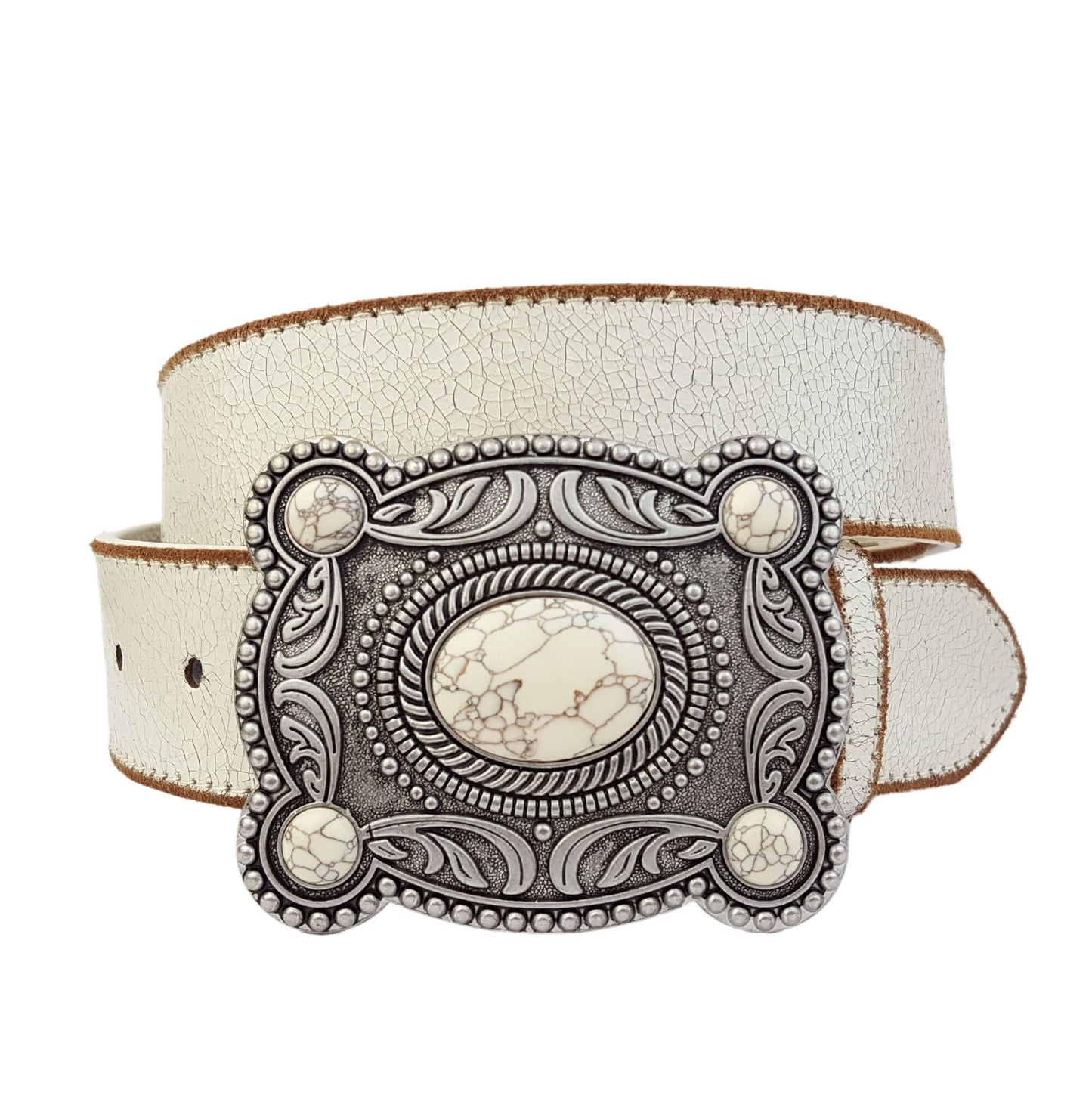 AXESORIA WEST Western Stone Buckle Leather Belt: Cream