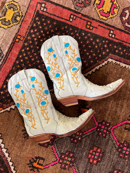 VINTAGE Mexican Ostrich Leather Embroidered Floral Cowboy Boots 38