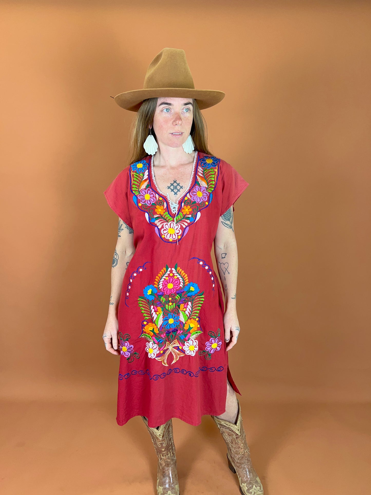 VINTAGE 80's Mexican Embroidered Cotton Midi Dress 12-14