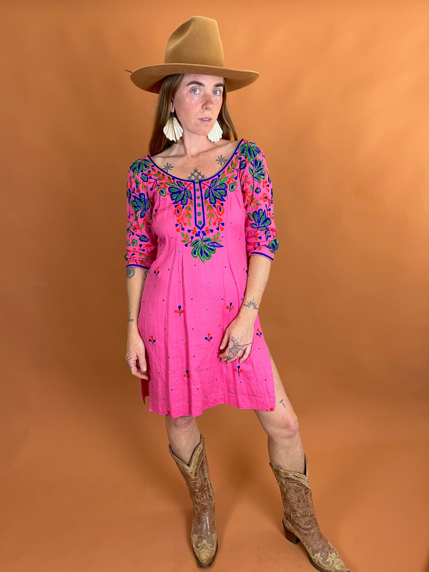 VINTAGE 70's Cotton Embroidered Tunic Mini Dress 10-12