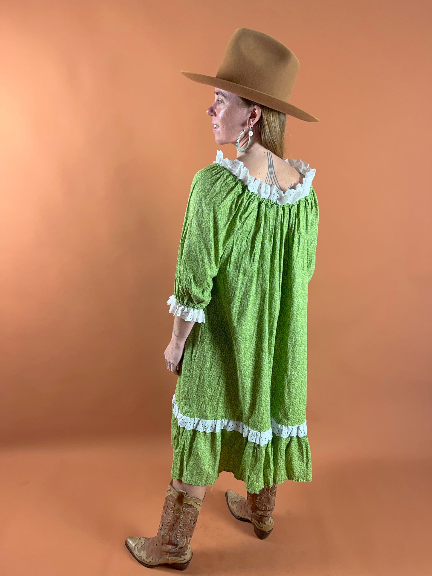 VINTAGE 60's Floral Cotton & Lace Midi Dress OS