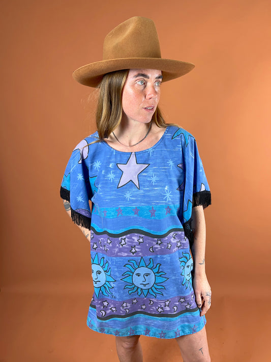 SECOND LOVE SLOW FASHION Upcycled Vintage Celestial Fringe Sleeve Mini Dress 14