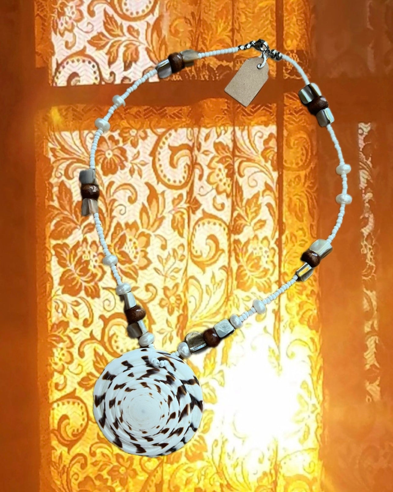 BEADED SUNRAYS Cone Shell, Pearl, Shell Pendant Necklace 18”