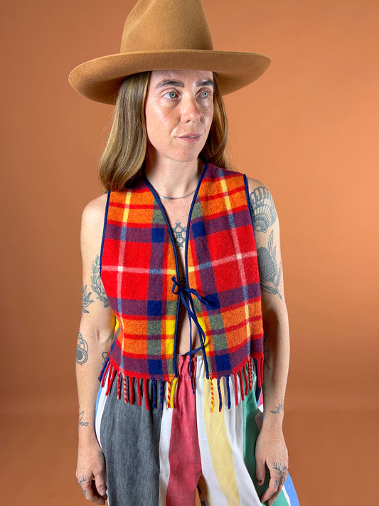 SECOND LOVE SLOW FASHION Vintage Reversible Wool Blanket & Teatowel Tie Front Vest 10-12
