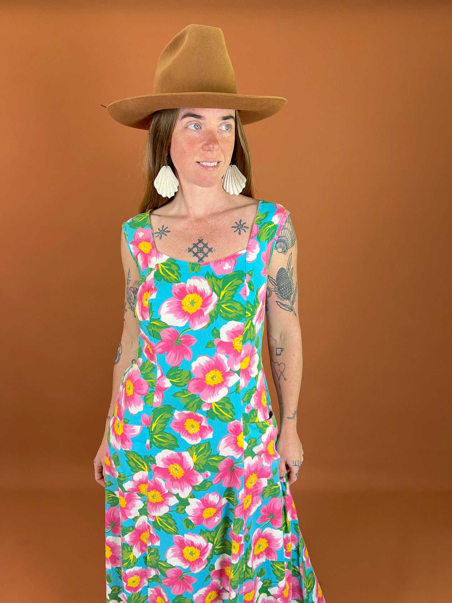 VINTAGE 70's Bright Floral Cotton Maxi Dress 12-14