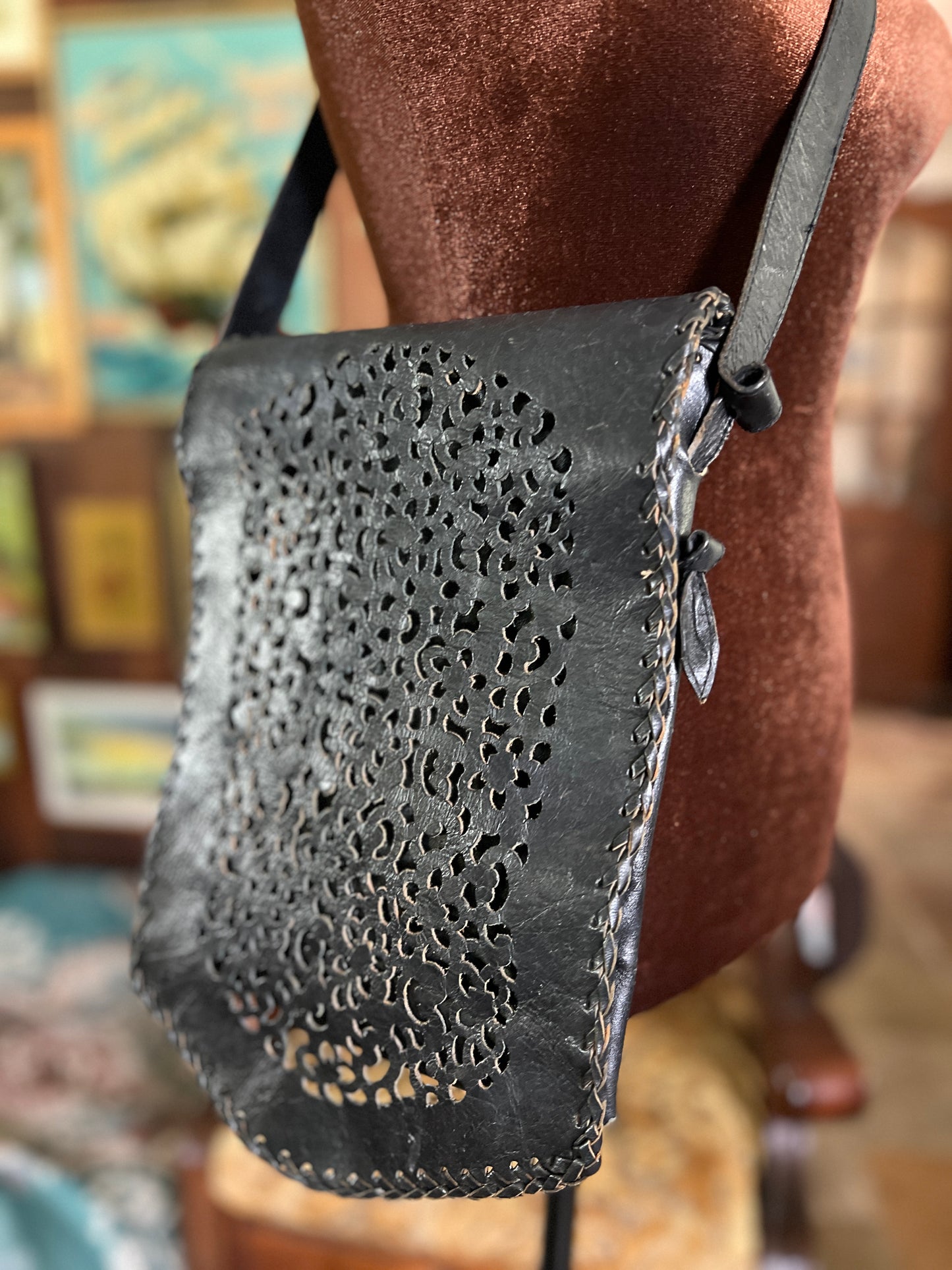 VINTAGE 90's Leather Cut Out Black Satchel Bag