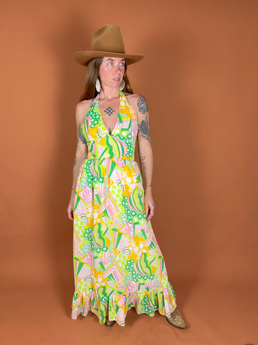VINTAGE 60's Halter Neck Maxi Dress 6