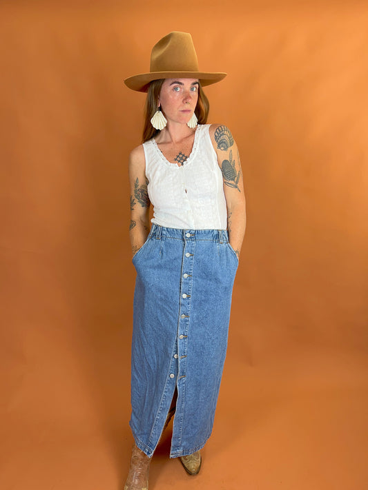 VINTAGE 80's Denim Maxi Skirt 10