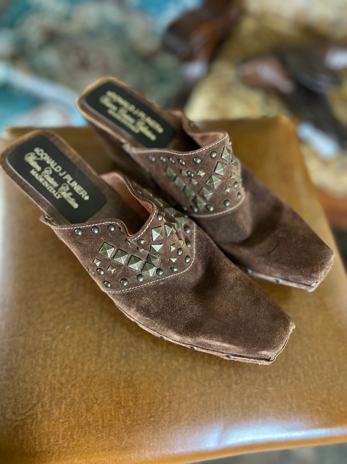 VINTAGE Y2K Italian Suede Studded Mules 9/39.5