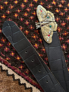 VTG 70's Butterfly Gem Black Leather Belt 10-14
