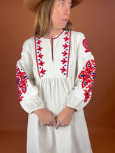 Load image into Gallery viewer, VTG 70&#39;s Heavy Cotton Linen Embroidered Maxi Dress 10-12