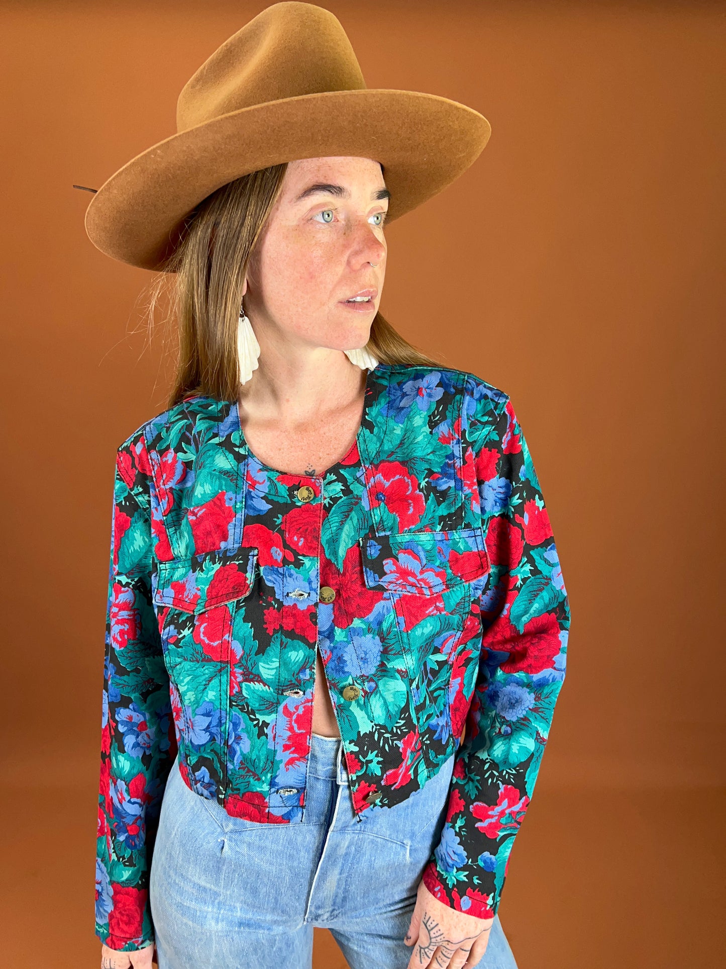VINTAGE 70's Floral Crop Denim Jacket 12