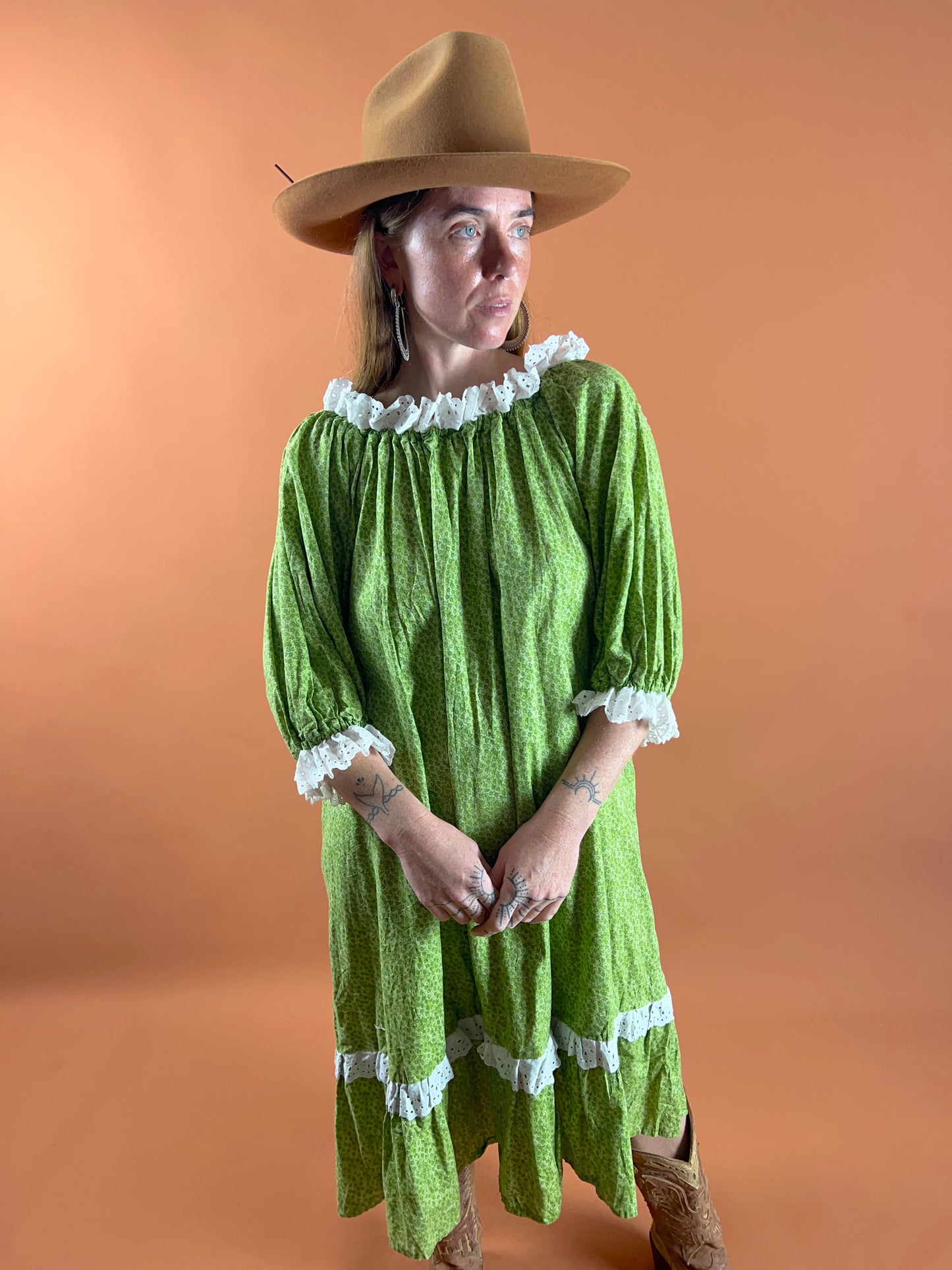 VINTAGE 60's Floral Cotton & Lace Midi Dress OS