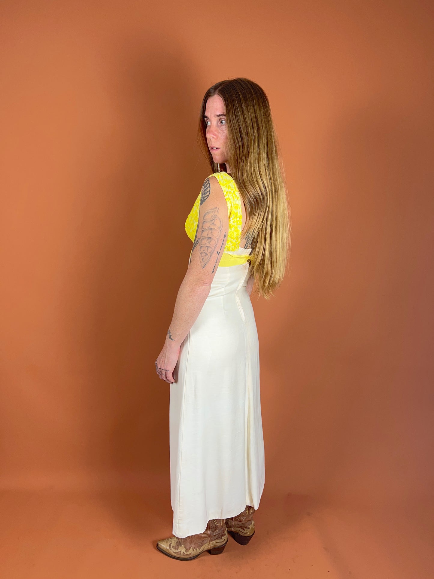 VINTAGE 60's Yellow & White Crochet Lace Maxi Dress 6