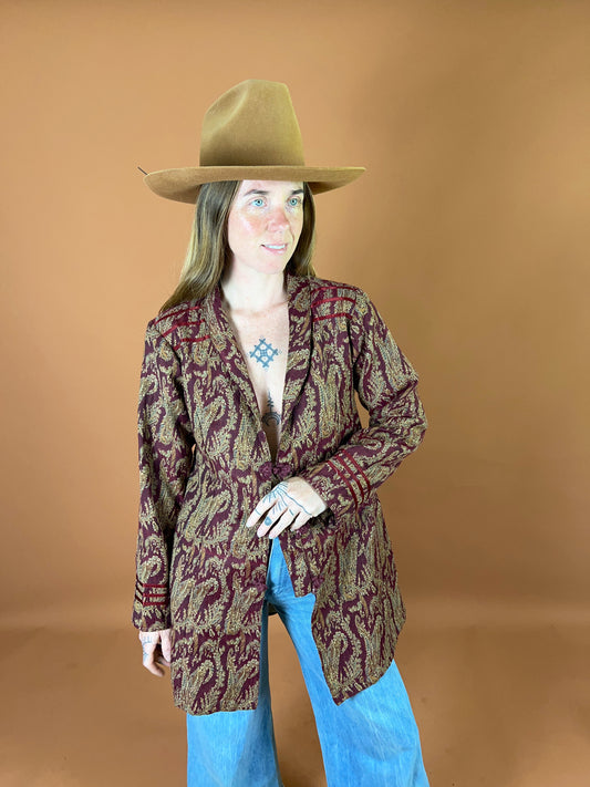 VINTAGE 70's Paisley Brocade  Long Jacket 10-12