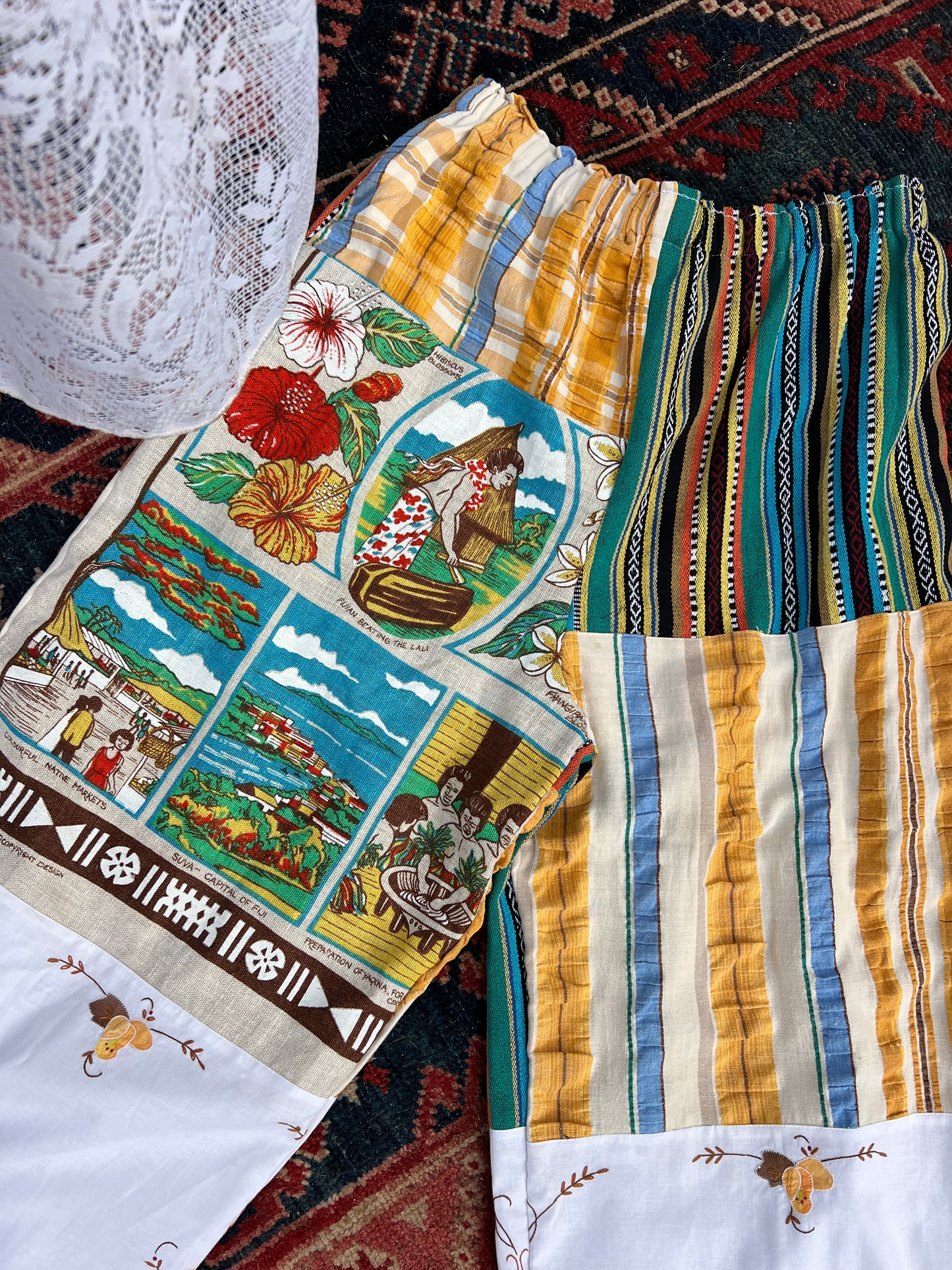 SECOND SHINE SLOW FASHION Vintage 'Fiji" Tea Towel & Tablecloth Patchwork Pants 10-14