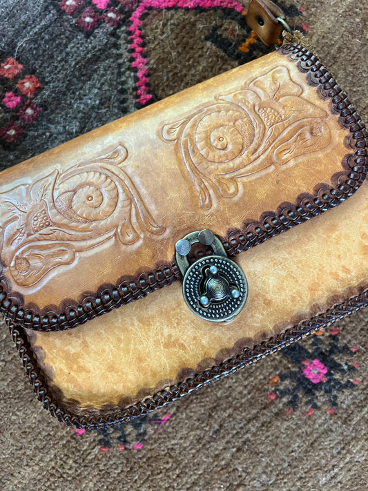 VINTAGE 70's Tooled Leather Shoulder Bag
