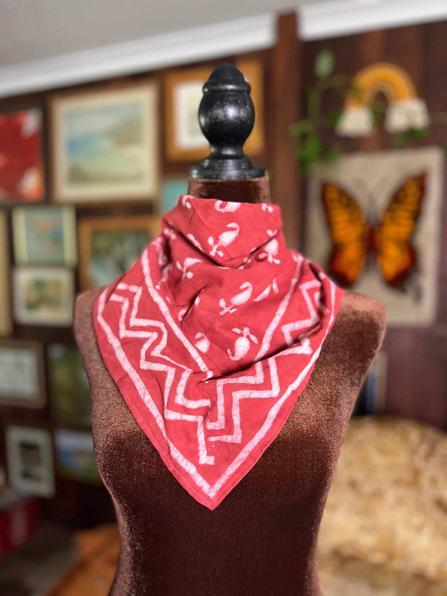 ANJU JEWELLERY Block Printed Bandana - Light Red Floral and Chevron