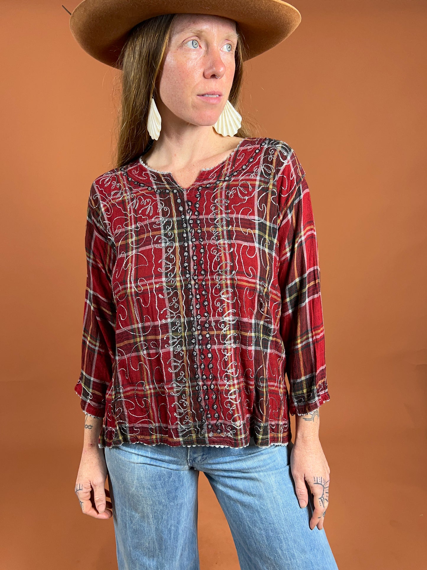 VINTAGE 90's Gingham Embroidered Blouse 12-14