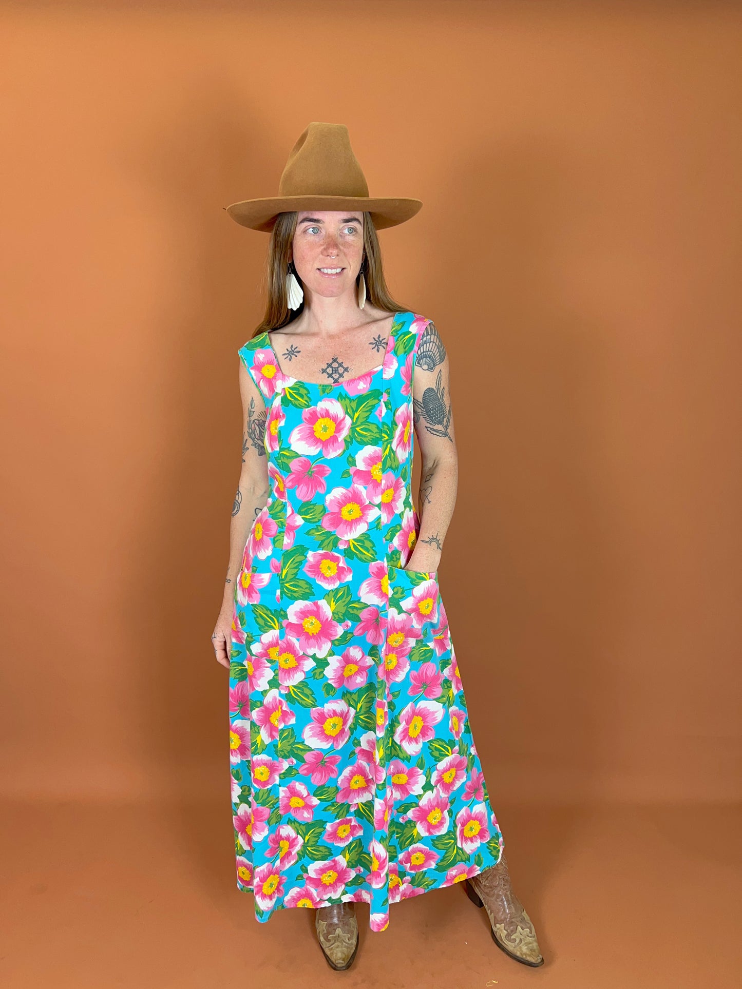 VINTAGE 70's Bright Floral Cotton Maxi Dress 12-14