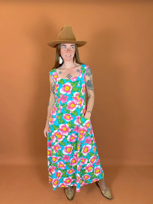 VINTAGE 70's Bright Floral Cotton Maxi Dress 12-14