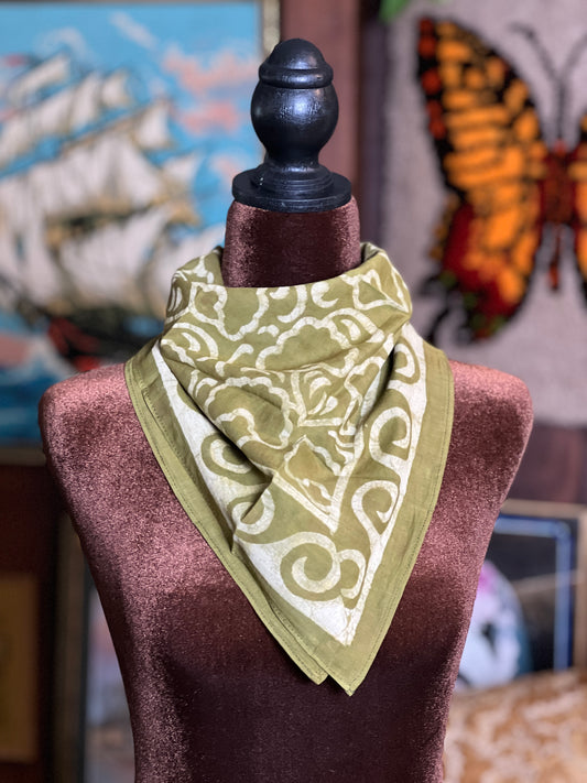 ANJU JEWELLERY Block Printed Bandana - Olive Green Floral and Waves
