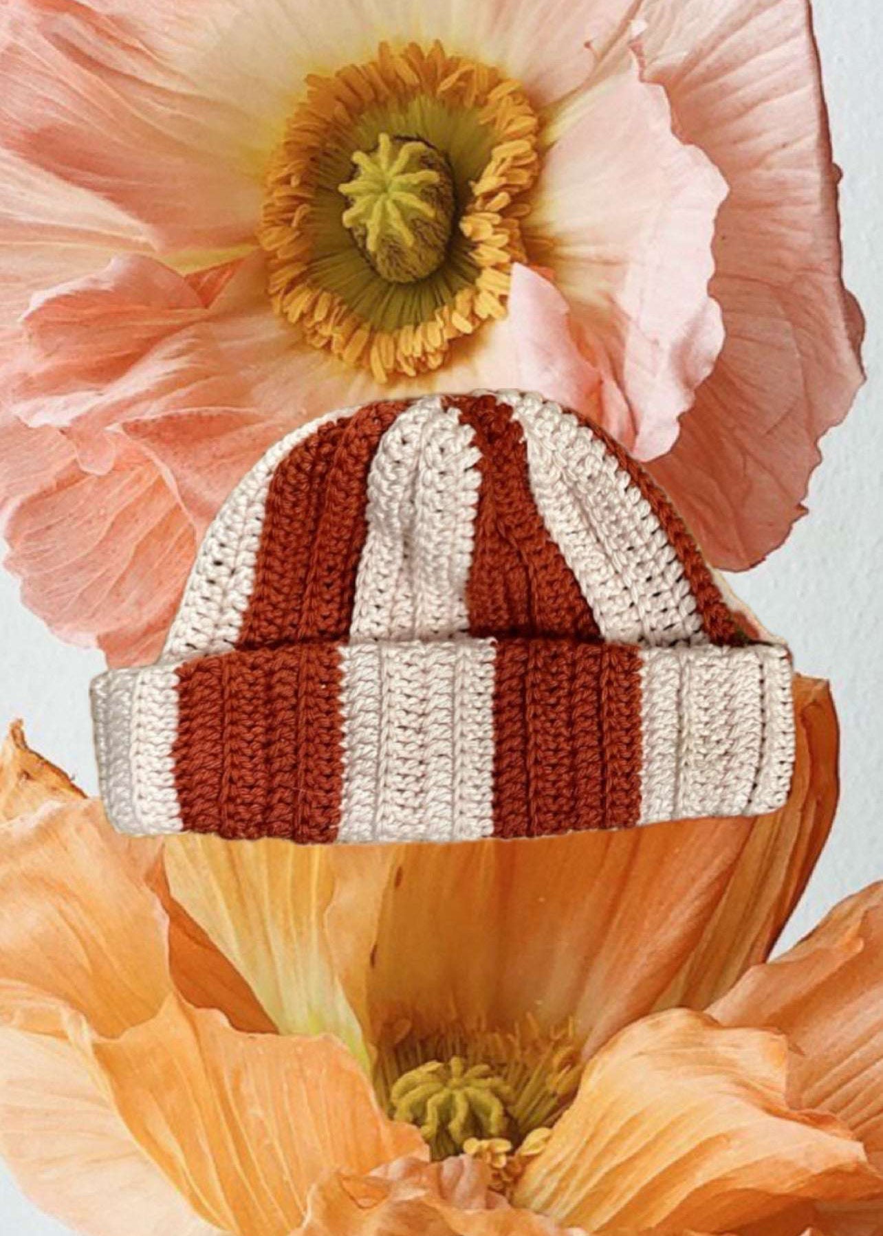 COFFEE MONEY Red Stripe Cotton Crochet Beanie