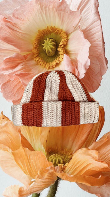 COFFEE MONEY Red Stripe Cotton Crochet Beanie
