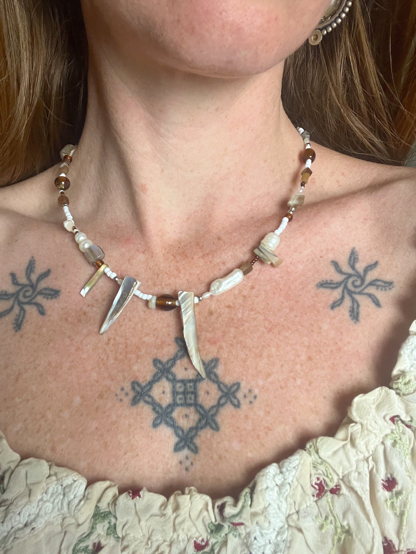 BEADED SUNRAYS Mother Of Pearl, Freshwater Pearl, Baroque Pearl, Shell, Amber, Mix Stone Necklace 18”