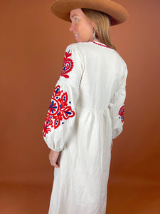 VTG 70's Heavy Cotton Linen Embroidered Maxi Dress 10-12